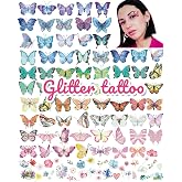 Onogola 100 Pcs Glitter Butterfly Temporary Tattoos for Girls Women Kids, Fake Butterflies Wings Flower Fairy Makeup Tattoo Stickers Art Waterproof for Face Body Birthday Party Favors Supplies Gifts