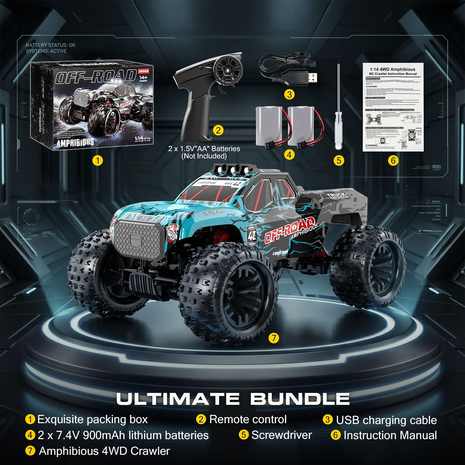 YESHIN Amphibienfahrzeug Ferngesteuertes Auto 1:14, 4WD RC Auto Geländewagen mit Licht & 2 Akkus, 2,4GHz Monstertruck Geschenk für Kinder Erwachsene Spielzeugauto für Sand, Wasser & Gelände 4