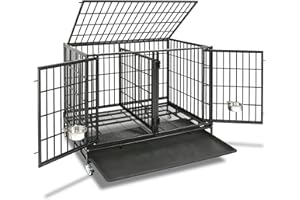 Homey Pet 42 inch Stackable Heavy Duty Dog Crate Cage on Wheels with Divider, 2 Bowls, 4 Lockable Wheels, Tray, Indestructible Escape Proof Lager Dog Kennel Indoor