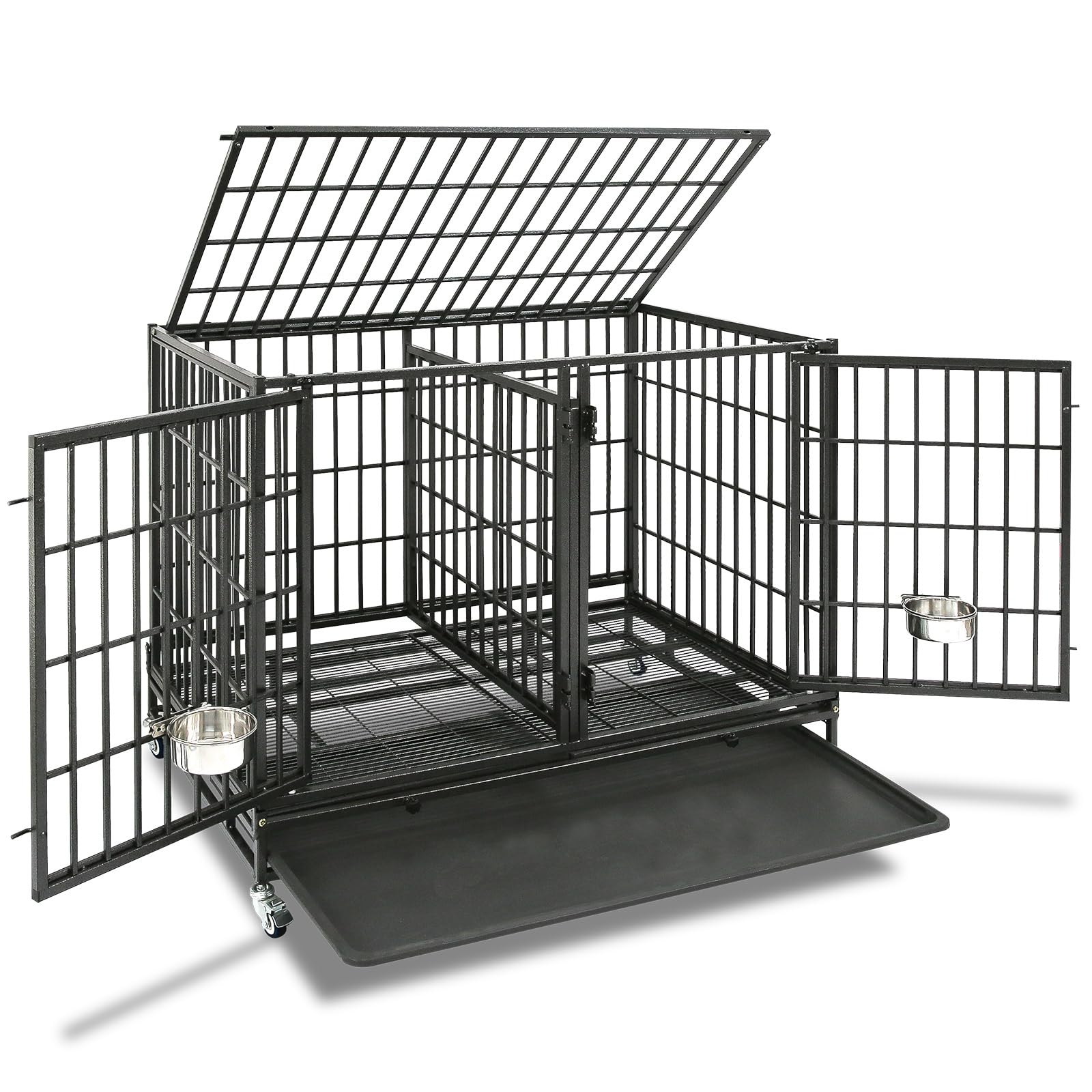 Homey Pet 43/48/37 inch Stackable Heavy Duty Dog Crate Cage on Wheels with Divider, 2X Steel Bowls, 4X Lockable Wheels, Tray, Indestructible Escape Proof Lager Dog Kennel Indoor Image Homey Pet 43/48/37 inch Stackable Heavy Duty Dog Crate Cage on Wheels with Divider, 2X Steel Bowls, 4X Lockable Wheels, Tray, Indestructible Escape Proof Lager Dog Kennel Indoor Image