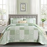Mybedsoul Light Green Quilt Set Queen Size, 3 Pieces Plaid Floral Bedspread Set Patchwork Reversible Bedding Set Microfiber Lightweight Bedspread Coverlet Set for All Season 96"x90"