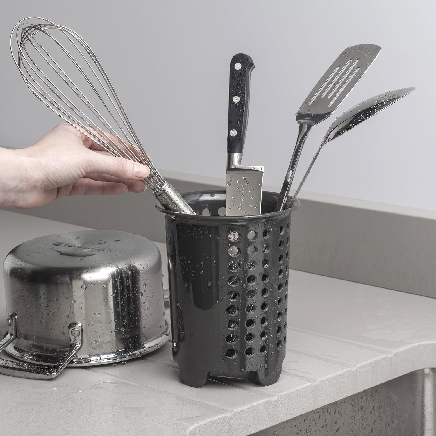 Zeal G231T Melamine Cutlery Drainer/Utensil Pot Dark Grey, 14 x 14 x 17 cm - Image 4