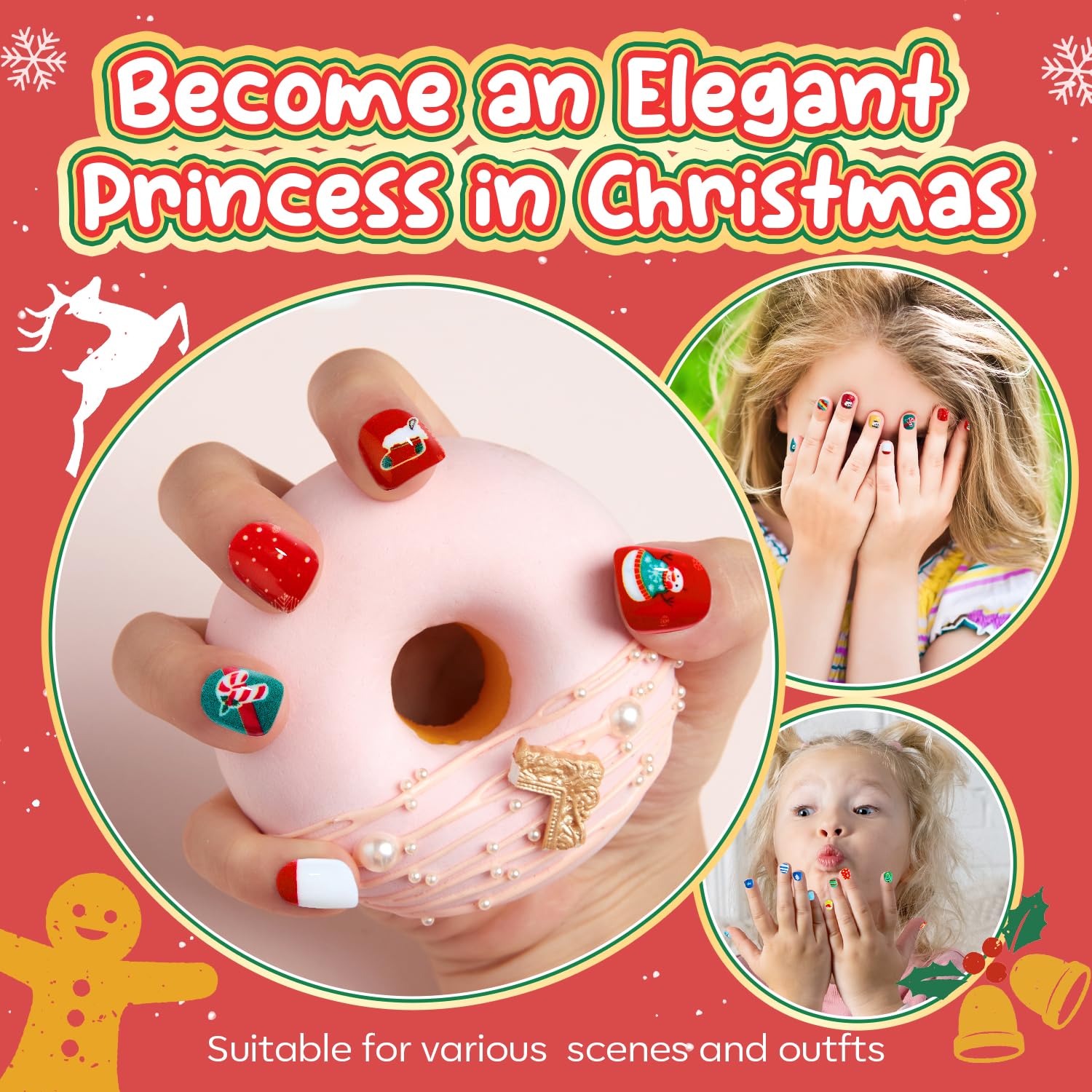 Modelones Christmas Press on Nails for Kids 144Pcs 6 Pack Children Girls Toys 8-10 Acrylic Fake Nails Pre-glue Full Cover Snowflake Red Xmas Short False Nail Art Kits Sets Gifts For Kids Girls - Image 4