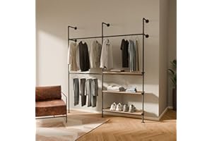pamo Industrial Pipe Clothing Rack with Shelf – Wall Mounted Black Closet System in Powder-Coated Steel – 79.13" W × 87.4" H – Easy Setup – Ideal for Walk-In Closets & Retail Use