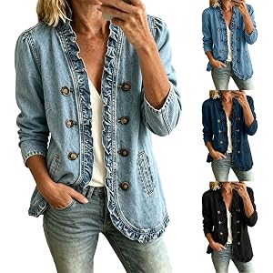 Gouuuia Denim Jacket for Women Ruffle Trim Long Sleeve Button Down Vintage Western Jean Coat V Neck Casual Fall Outerwear