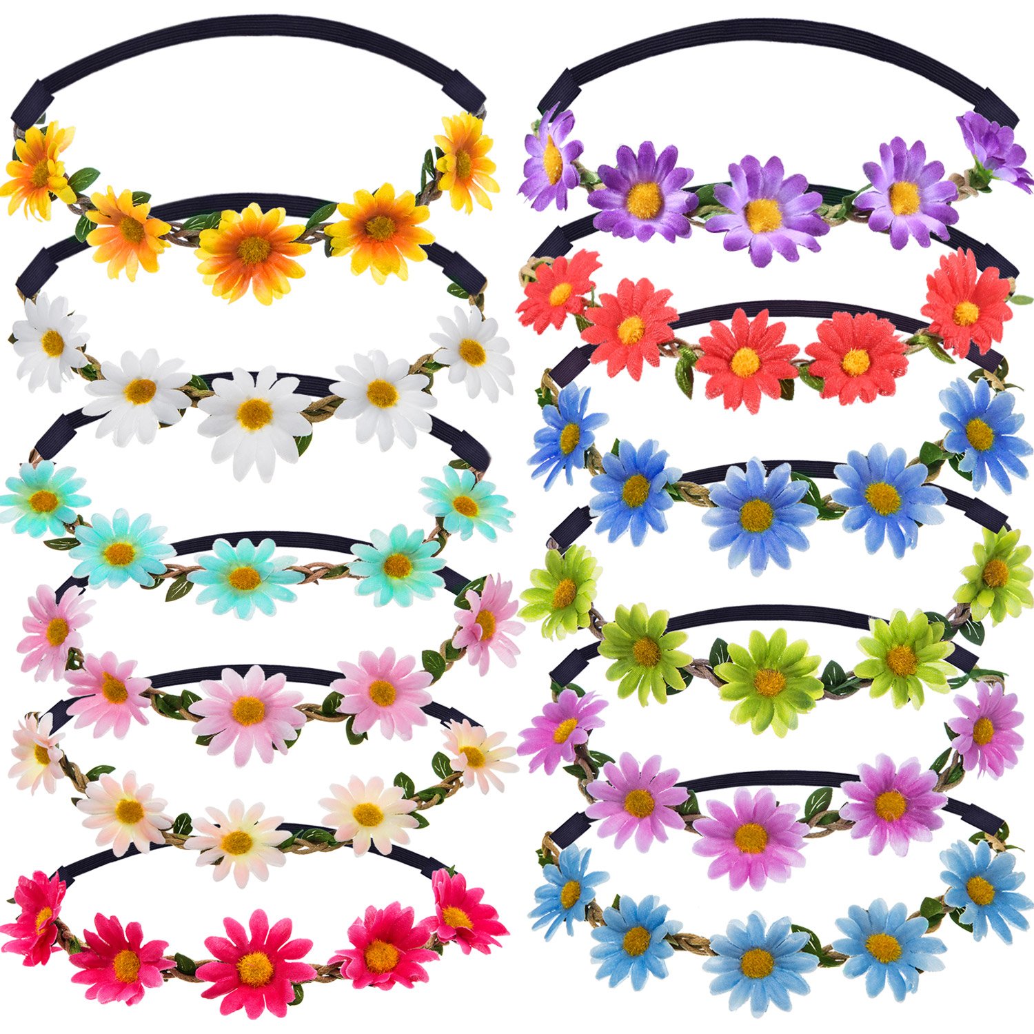 12 Pieces Multicolor Lady Girl Fashion Flower Crown Floral Garland Headbands for Festival Wedding Party