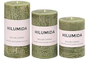 HILUMIDA Moss Green Pillar Candles Set of 3 - Hand-Poured Unscented Candles,Smokeless Dripless Candles for Dinner Table and Home, Set of 3 in Different Sizes (3"x4", 3"x5", 3"x6")