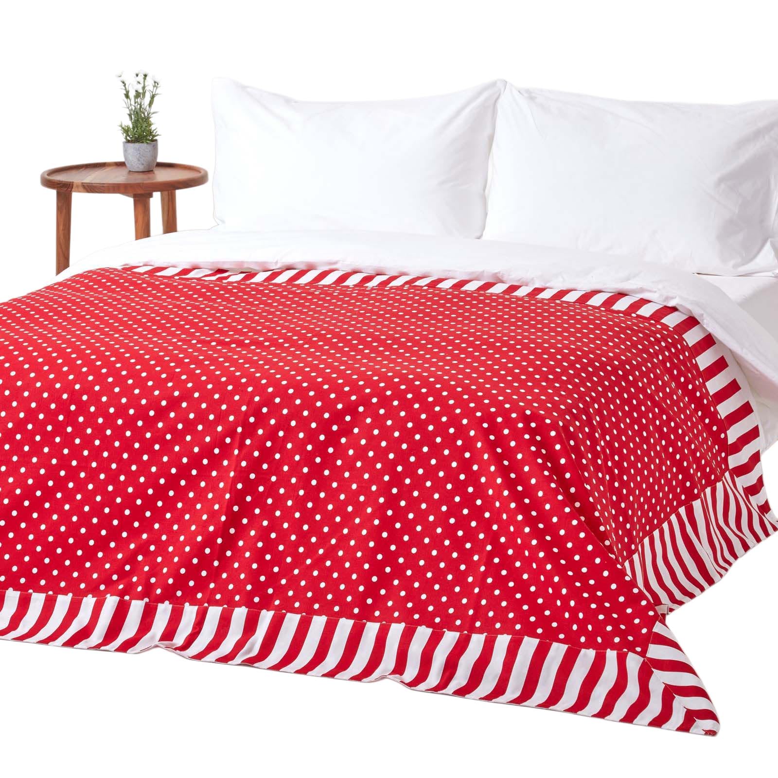 HOMESCAPES - Decorative Throw - 150 x 200 cm 60 x 79 Inch - Red Polka Dots - Red Stripes - 100% Cotton - Washable Patchwork Sofa or Bed Throw