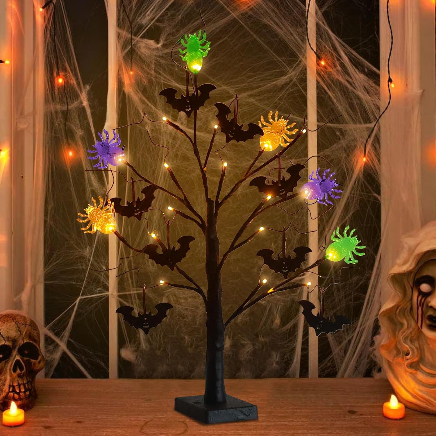 Trees - MEETYAMOR Halloween Decorations Indoor, 24”/2FT Black Scary Halloween Tree with LED Orange Lights, Bat Ornaments and Spider Shaped Lampshades, Battery Powered Timer for Home Table Top Mantel Decor