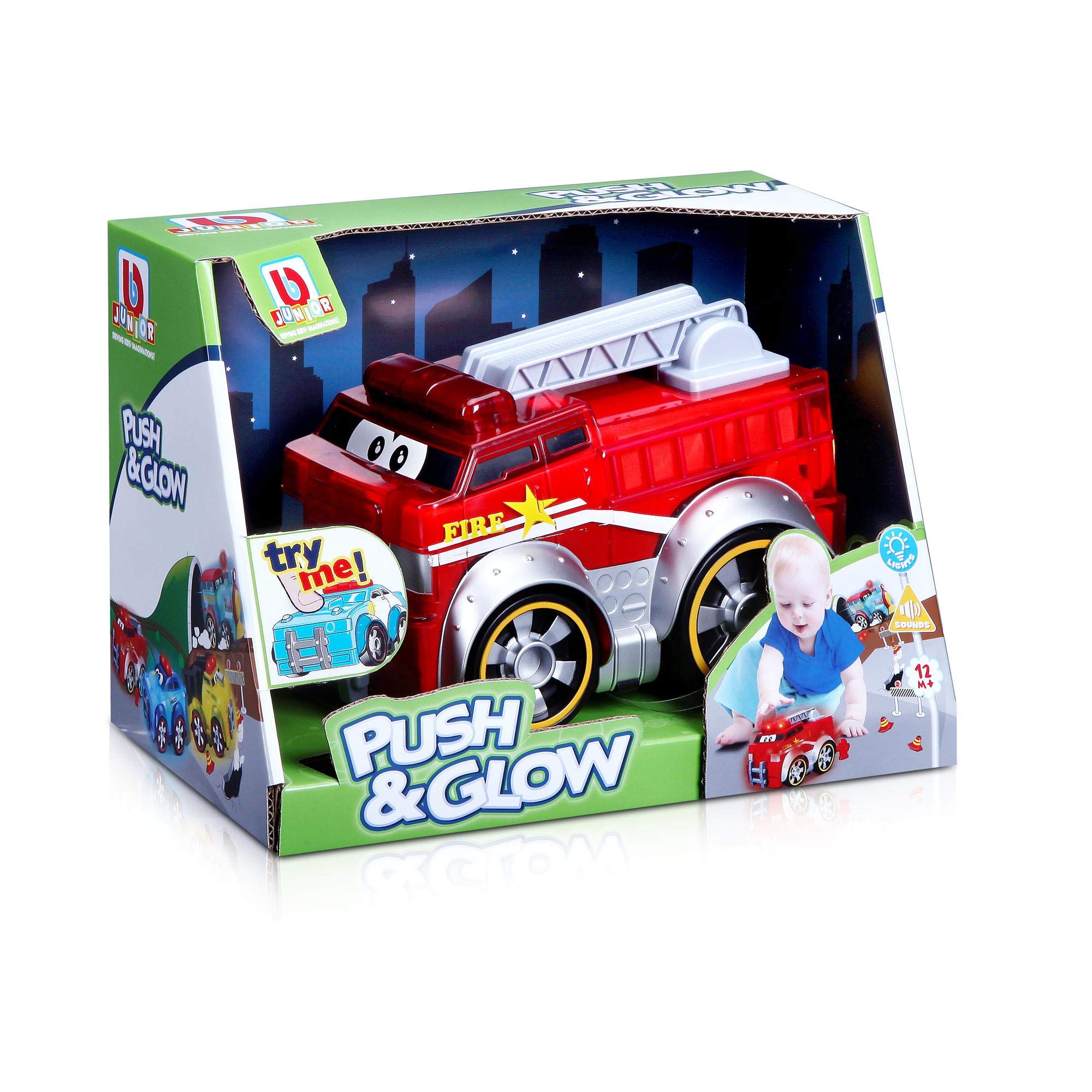 Bburago BB JUNIOR PUSH & GLOW FIRE TRUCK Light Up Preschool Toy Vehicle, Multiple Colours