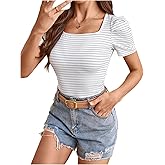 WDIRARA Women's Striped Puff Short Sleeve T Shirt Square Neck Tee Shirts Tops