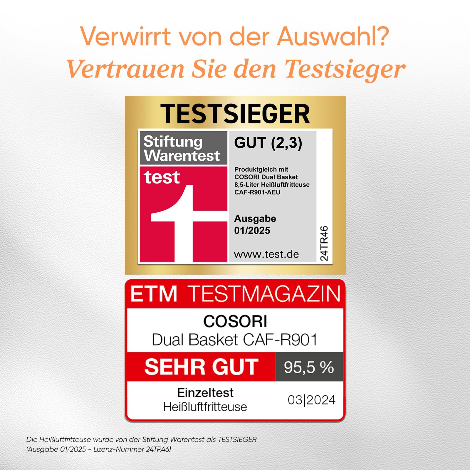COSORI Heißluftfritteuse 2 Kammern, Airfryer Testsieger der Stiftung Warentest, 6-in-1 Dual Zone Air fryer 8,5 L, Heissluftfritteuse Doppelkammer mit Sichtfenster, energiesparend, Gold