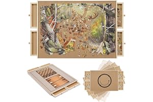 Redipo 1500 Pieces Wooden Puzzle Board, Puzzle Table with 4 Drawers, 36" x 25" Portable Lazy Susan Spinning Puzzle Boards with Cover Mat and Chess Set, Rotating Puzzle Tables for Adults and Kids