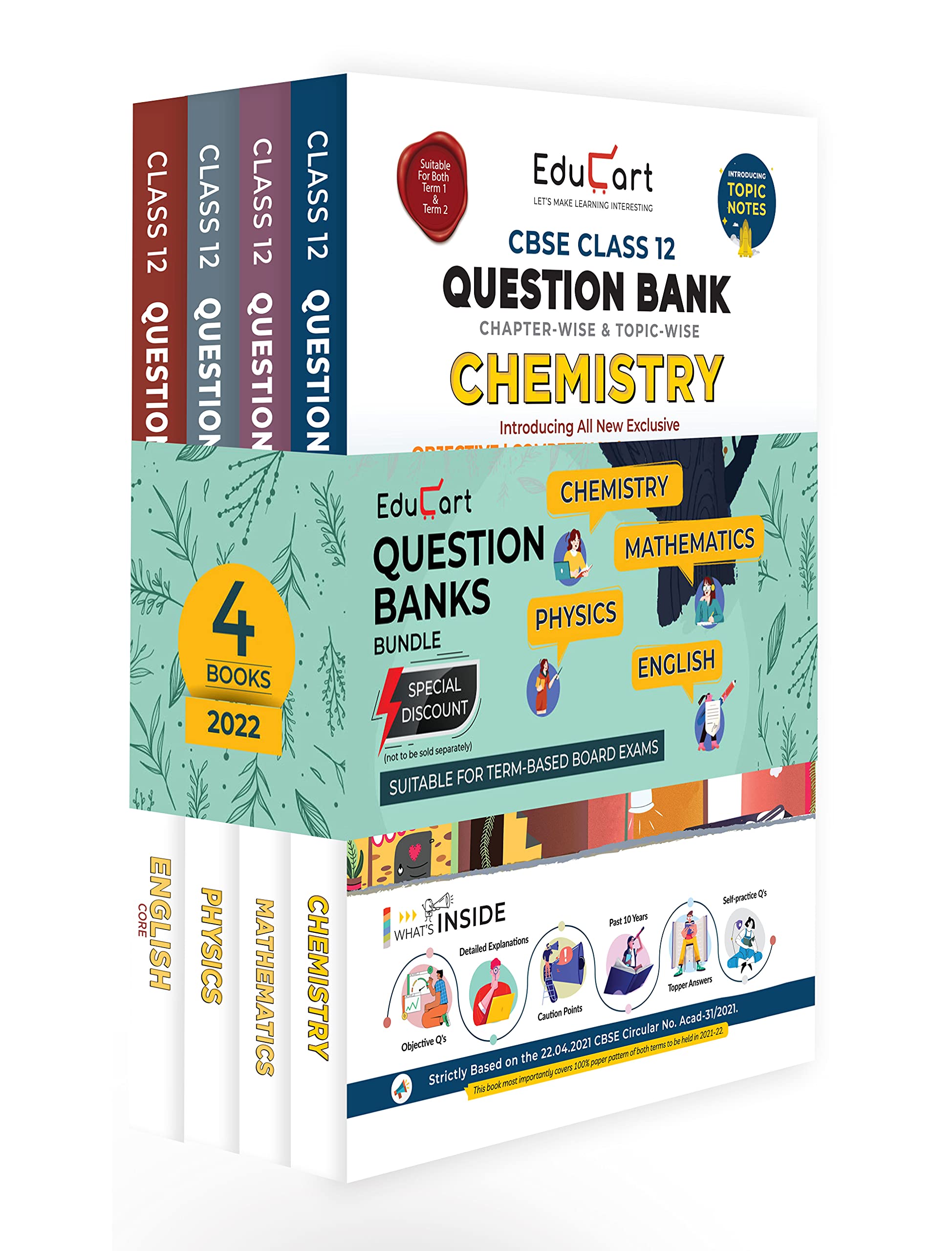 Educart Question Bank CBSE Class 12 PCME Bundle of Maths, Physics, Chemistry & English (Combo of 4) for 2022