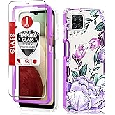 LeYi for Galaxy-A12 Phone Case: with Tempered Glass Protector, Exquisite Flower Floral Pattern Funda para Rugged Shockproof Protective Slim Fit Clear Case Cover for Samsung Galaxy A12, Purple