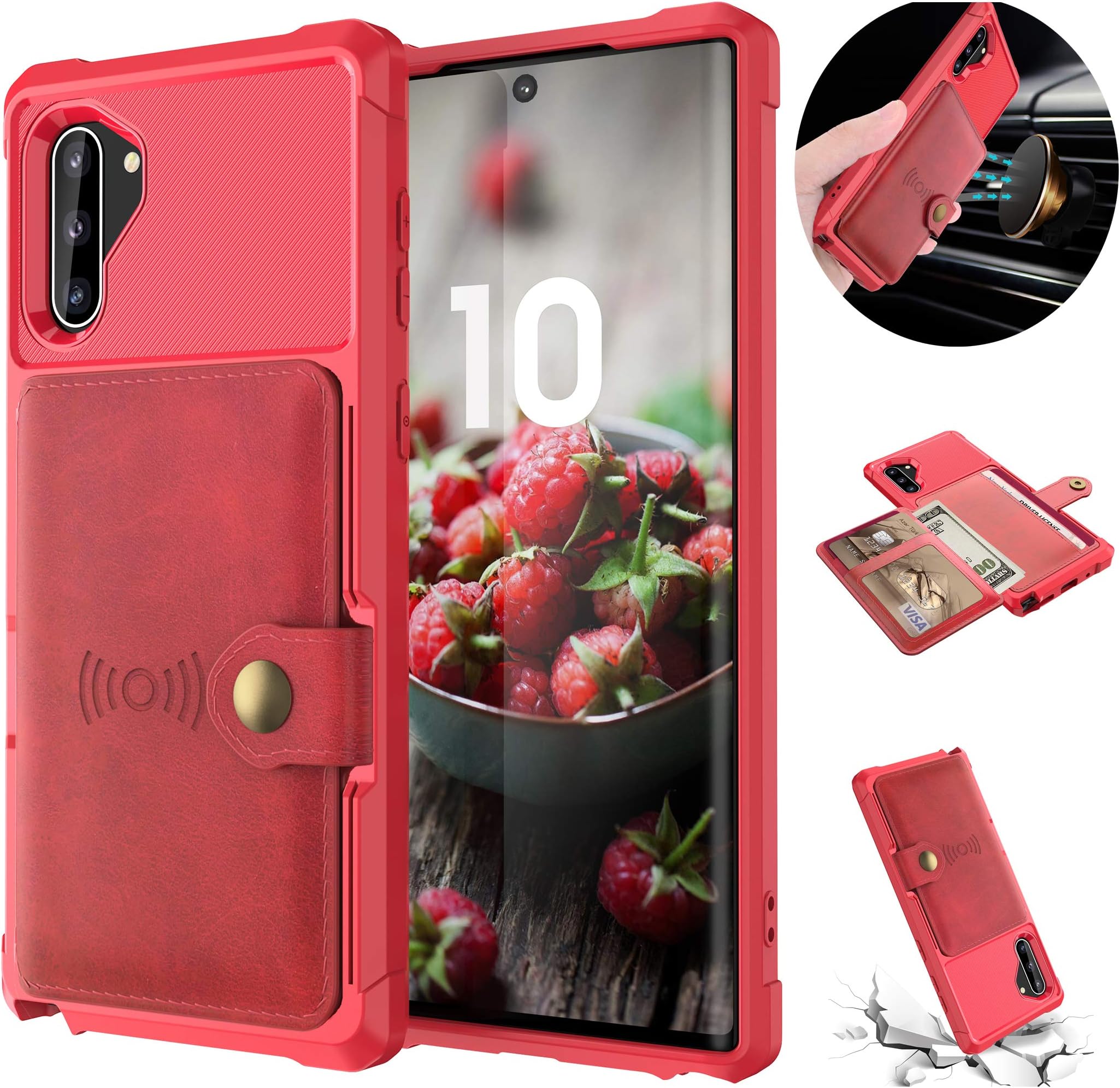 Tznzxm Galaxy Note 10 Wireless Charging Wallet Case with Credit Card Kickstand Rubber Buttons [Work with Magnetic Car Mount] Durable Flip Shockproof Protective Cover for Samsung Galaxy Note 10 Red