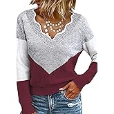Women Fall Color Block V Neck Pullover Long Sleeve Sexy Cozy Ladies Sweaters Tops
