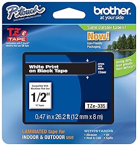 Brother Genuine P-touch TZE-335 Label Tape, 1/2" (0.47") Standard Laminated P-touch Tape, White on black, Laminated for Indoor or Outdoor Use, Water Resistant, 26.2 Feet (8M), Single-Pack