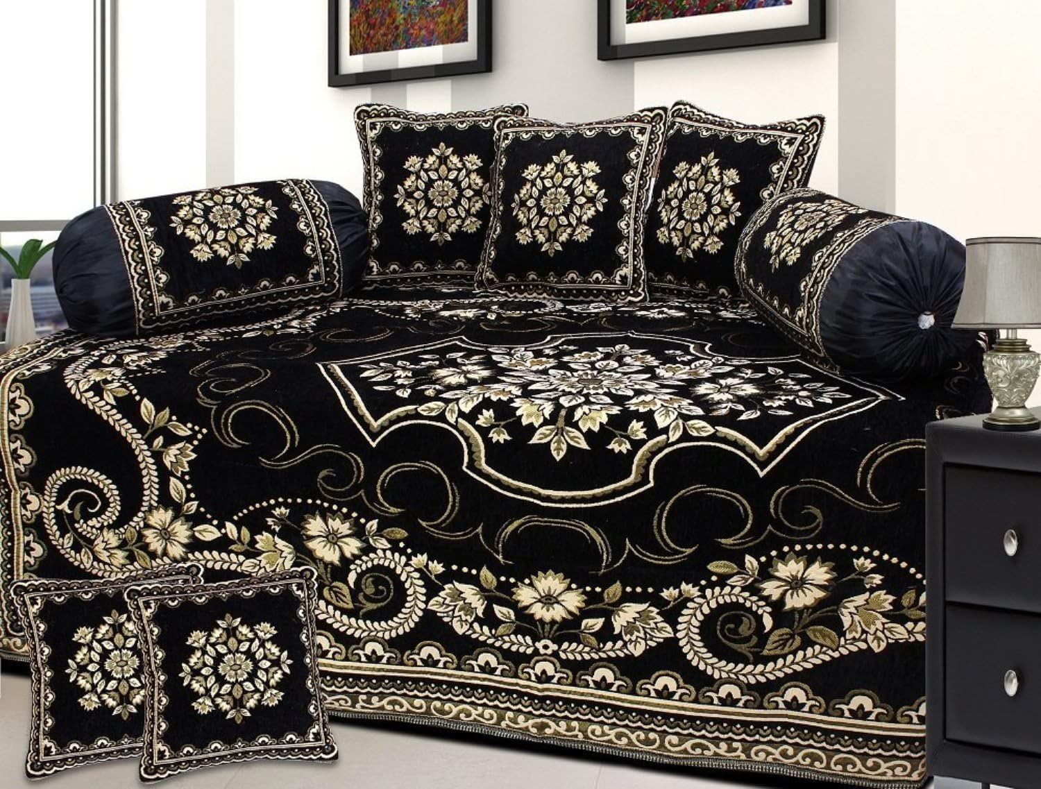 Akshya Chenille diwan Set 500Tc, Black