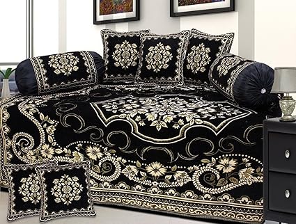 Akshya Best Quality Low Price 8 Piece Chenille Diwan Set, Premium Quality Diwan Set With Bedsheet and Pillow Covers, Dewaan Bedsheet Set, Diwan Set of 8 Pieces Velvet Set, Diwan Set Of 8 Pc Rich and Traditional Set, Diwan bedsheets and Diwan Covers, Rich Coffee, Black Color Diwan Set, Floral Design Diwan Set