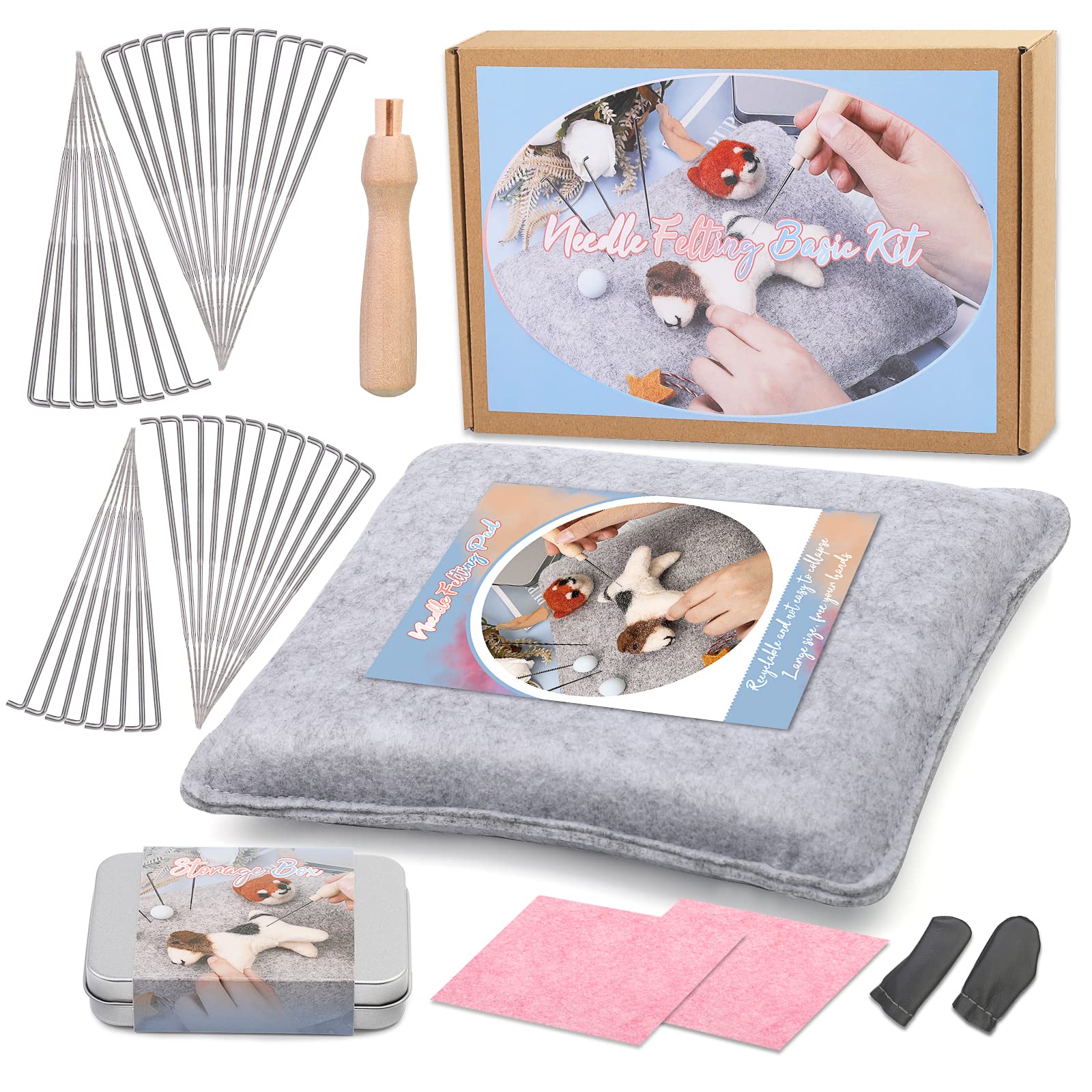 SUVSOON Needle Felting Tools with Felt Pad, 9.84 x 7.87 x 1.38 Inch Needle Felt Pad with 40 PCS Felt Needles & Wooden Needle Handle, Needle Felt Kit for Wool Felting Craft DIY