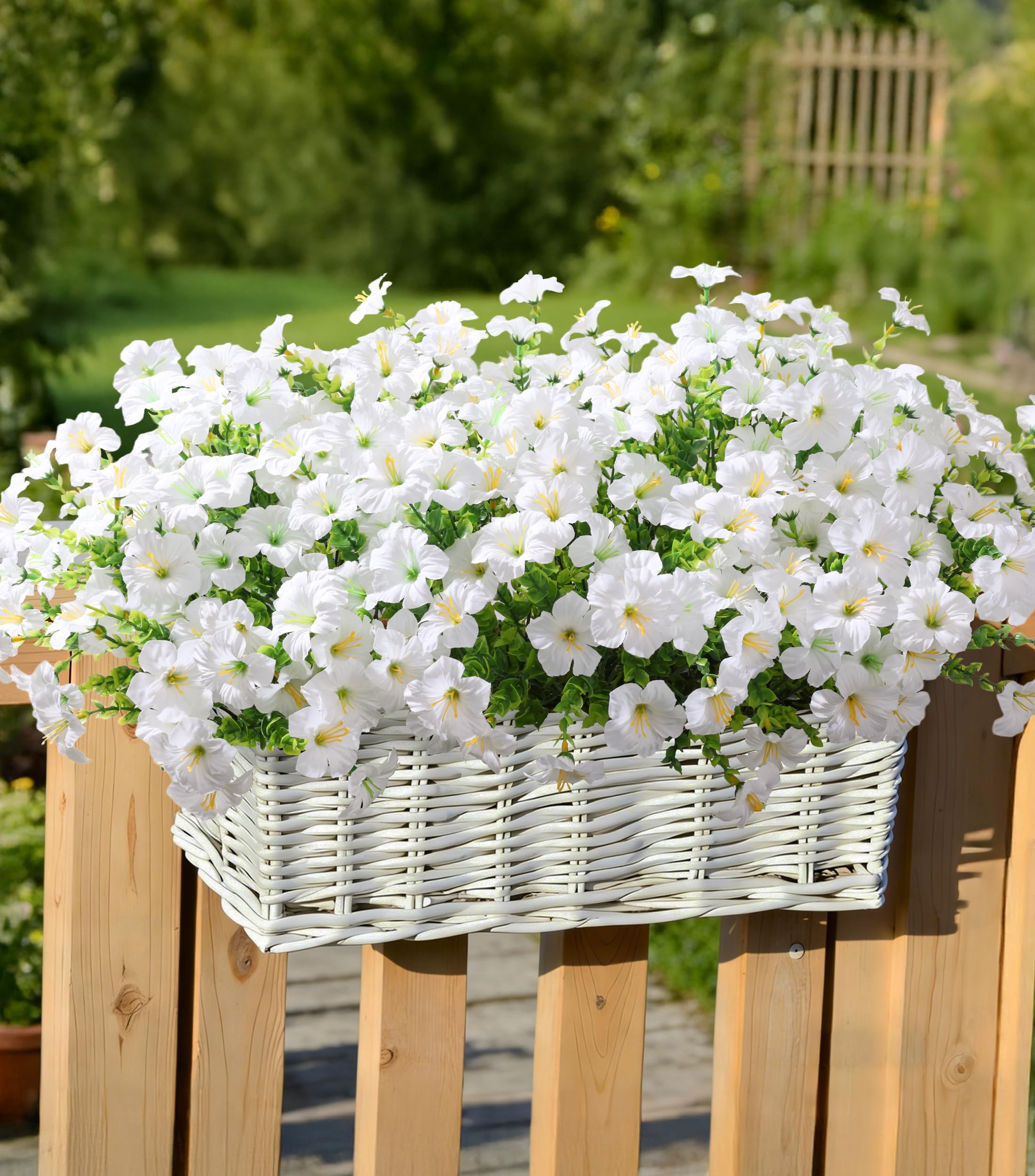 Artificial Flowers for Outdoors Fake Plants Outside Decoration, 20 Bundles White Silk Petunia with Eucalyptus UV Resistant Realistic Faux Flowers for Outdoor Planters Garden Balcony Yard Porch Patio
