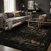 Nayoroom Black and Gold Baroque Area Rug, Machine Washable, 8 x 10 ft | Ornate filigree pattern; Symmetrical scroll border; Soft surface; Machine washable; Non-slip backing; Living room or bedroom