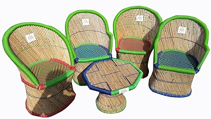 Ecowoodies Acanthus Handicraft Cane Sitting Stool Chair Cane Furniture Set (4+1)