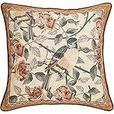 patdrea Designer Vintage Floral Throw Pillow Covers for Couch,Brown Yellow Linen Pillowcases with Bird and Rose Pattern Decorative Square Cushion for Bed Living Room Outdoor Cafe Car,18"x18"