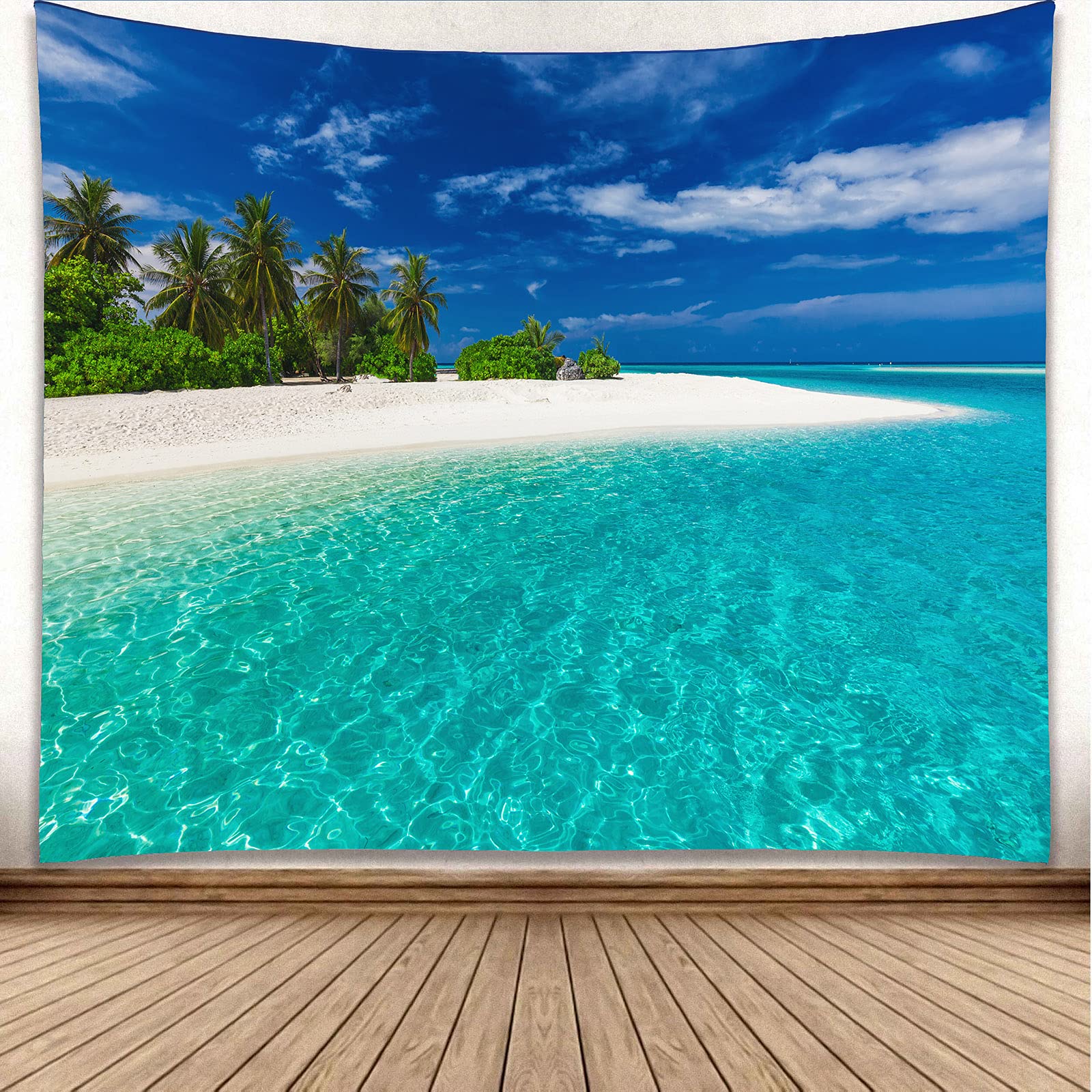 YISURE Tropical Paradise Beach Clear Water Ocean Beach Tapestry Small Island Coconut Palm Tree Beach under Blue Sky Wall tapestries for Home, 230x180cm — image 1