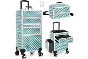 Bukumo Professional Rolling Makeup Train Case, Multi-functional Cosmetic Trolley with 360° Swivel Wheels Keys, Large Storage Traveling Cart Trunk, Cosmetic Train Cases for Nail Technicians (Green)