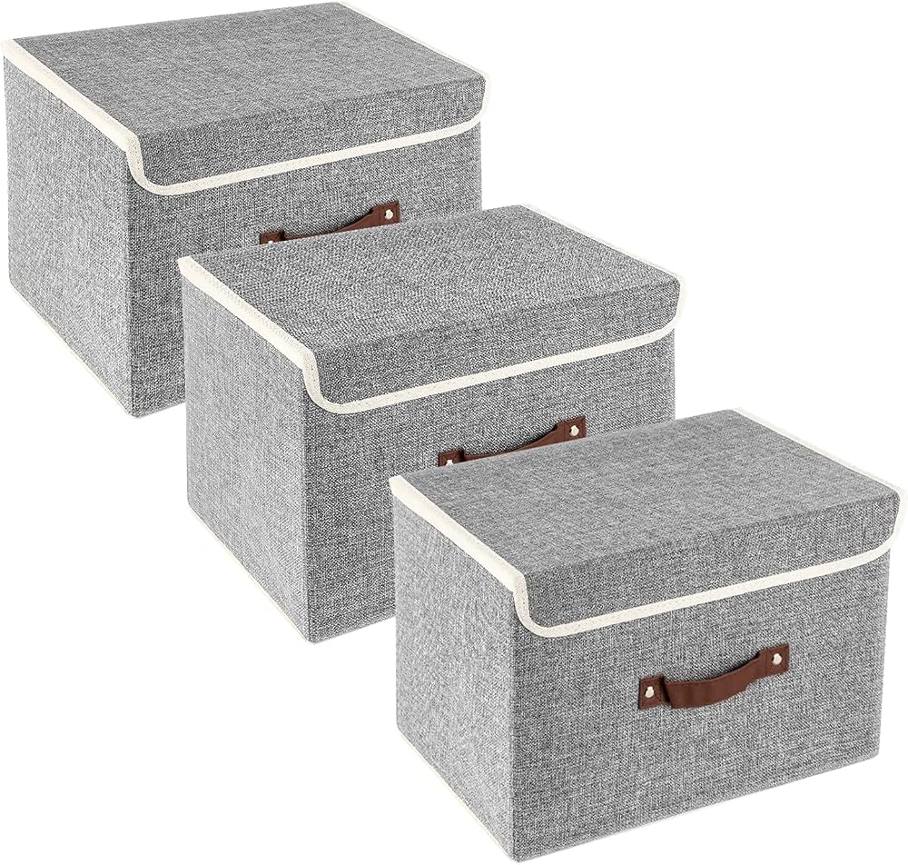 TYEERS Collapsible Fabric Storage Box with Lid 38x25x25 cm Set of 3 Grey