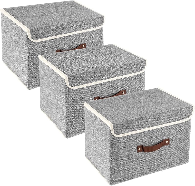 TYEERS Collapsible Fabric Storage Box with Lid 38x25x25 cm Set of 3 Grey