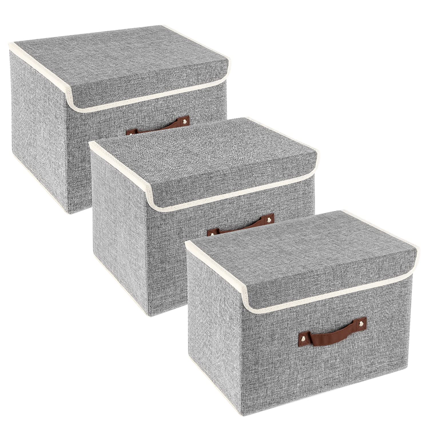 TYEERS Collapsible Storage Box with Lid, Fabric Storage Box for Clothes, Wardrobe Storage, 38x25x25 cm, Set of 3, Grey