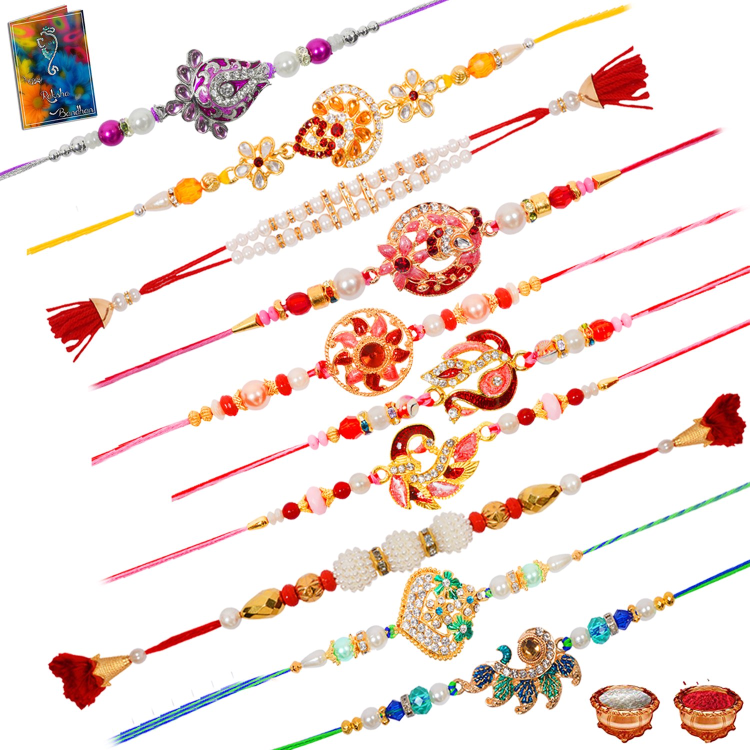 sinjara wooden rakhi set for men with greeting card roli chawal (combo of 10)