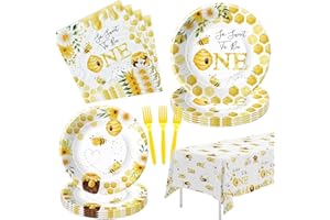 APOWBLS First Bee Day Birthday Party Decorations Tableware - Bee 1st Birthday Party Supplies, Plate, Napkin, Tablecloth, Fork, Bumble Bee Decorations Dinnerware For One-Year-Old Birthday | Serve 24