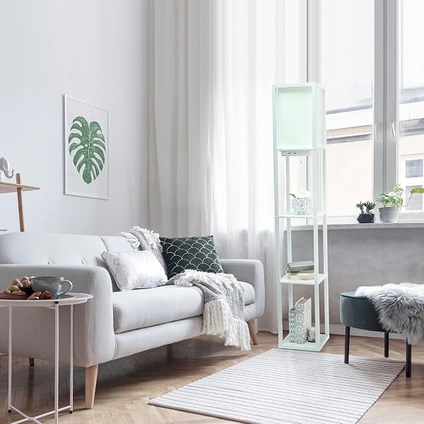 SIMPLE DESIGNS LF1037-WHT-CCLB 62.5″ THREE SHELF ETAGERE ORGANIZER STORAGE FLOOR LAMP WITH 2 DUAL USB PORTS AND CHARGING OUTLET, WHITE, WITH COLOR CHANGING LED BULB INCLUDED