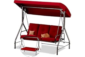 MAPLE99 Porch Swing - 3-Seat Patio Outdoor Swing with Canopy for Adultes, Convertible Glider Bed, Thick Removable Cushions & Pillows for Backyard, Porch, Garden - Burgundy