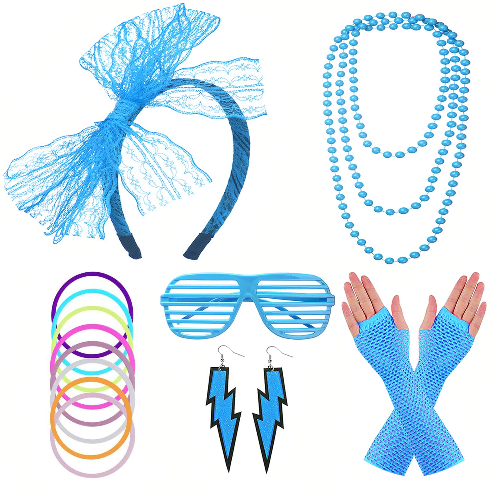 FACATH 80s Neon Necklaces Bracelets Fishnet Gloves Lace Bow Headband Neon Earrings 1980s Fancy Dress Accessories Green Party Costume for Women Girls Ladies (Blue)