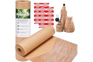 Neworld Honeycomb Packing Paper,15" x 131' Eco Friendly Bubble Cushioning Wrap for Moving,Products & Gifts Wrapping Paper,Recyclable Cushioning Packing Material With 20 Fragile Sticker Labels