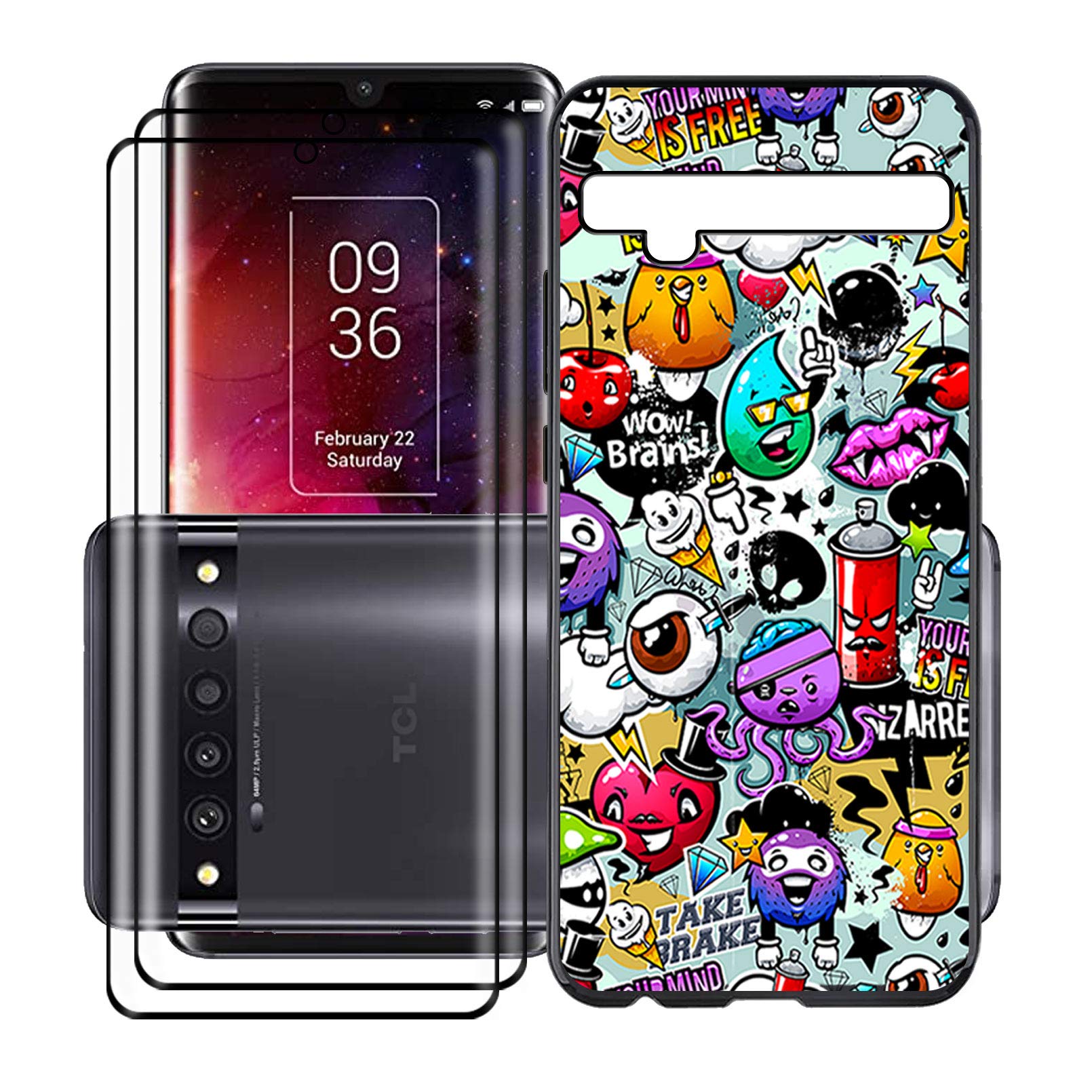 KJYF Protective Case Black Bumper TPU Cover + 2 Pieces Tempered Glass Screen Protector for TCL 10 Pro (6.47 Inches), Tempered Glass Film + Silicone Shell Case Mobile Phone Case - XS40