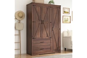 St.Mandyu Farmhouse Wardrobe Armoire Closet with 3 Doors and 2 Drawers, 70.1" Wooden Clothing Storage Cabinet, Freestanding Large Capacity Storage Wardrobe Armoire with Hanging Rod for Bedroom, Brown