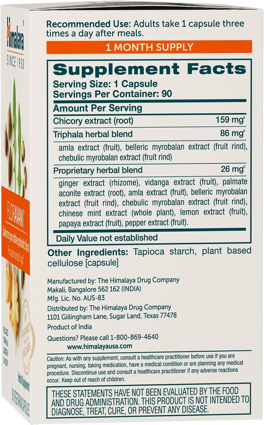 Himalaya FlorAvani, The Plant-Based Alternative to Probiotics Relieves Gas, Nausea, Heartburn & Bloating with Triphala, Chicory & Ginger. 271 mg, 90 Caps, 1 Month Supply: Health & Personal Care