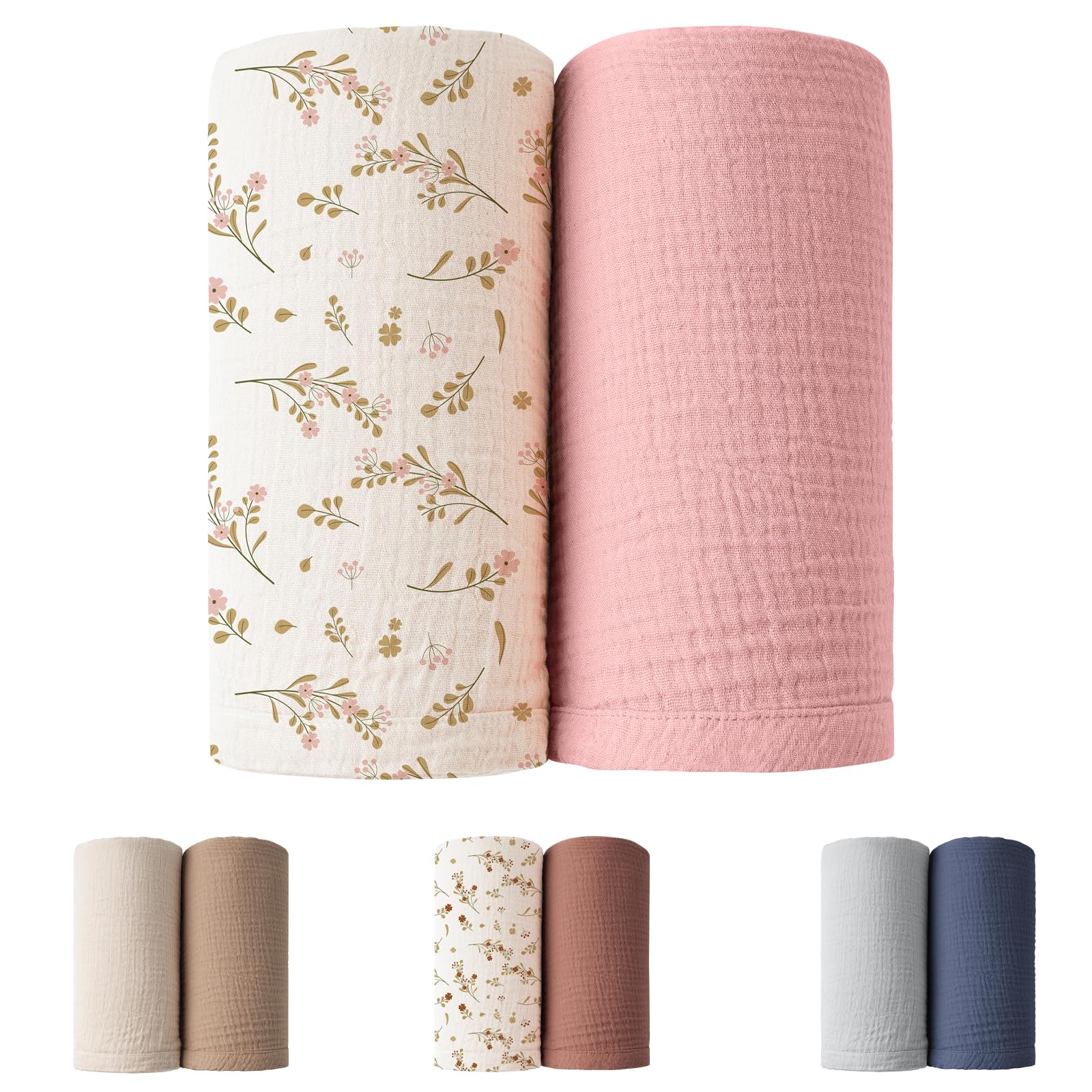 Winmany 2Pack Baby Muslin Swaddle Blankets Newborn Boy Girl Nursery Receiving Blanket Swaddling Wrap Baby Essentials for All Year 100x100cm/40x40in (Pink+Pink Flower)