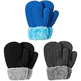 Winter Mittens Gloves Beanie Hat Set for Kids Baby Toddler Children, Thick Warm Knit Fleece Lined Thermal Set for Boys Girls