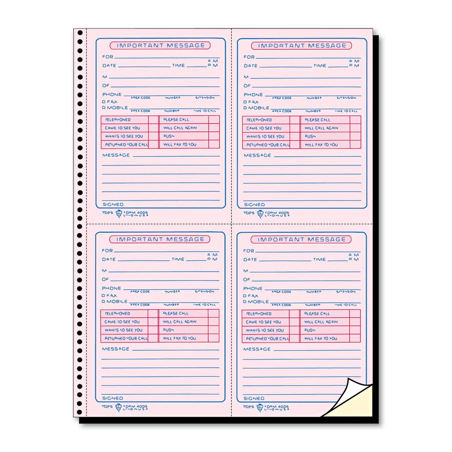 Tops Phone Message Book, Spiral Bound, 2-Part, Carbonless, White and Canary, 4 Messages per Page, 400 Sets (4009)