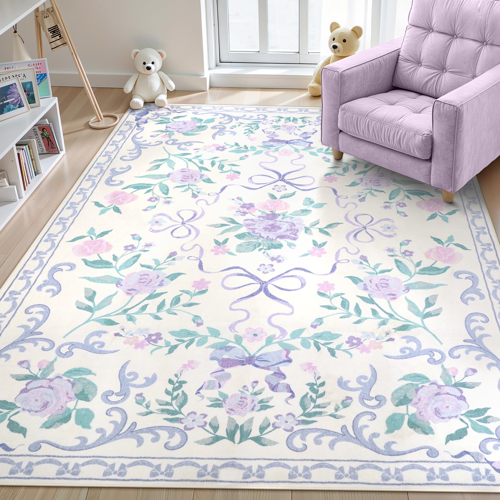 Photo 1 of Collive 6x9 Purple Area Rug, Boho Bow and Floral Rugs for Living Room Machine Washable, Soft Ultra-Thin Bow Carpet Non Slip for Girls Room Bedroom Entryway Playroom