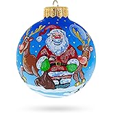 Santa and Reindeer Festive Glass Ball Christmas Ornament 4 Inches