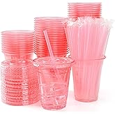 Yicentdp 100 Set Pink Plastic Cups with Lids and Straws 12 oz Disposable Drinking Clear Cups for Wedding Pink Birthday Party Supplies