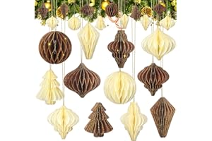 Hungdao 12 Pcs Christmas Honeycomb Paper Ornaments Paper Honeycomb Balls Ornaments Khaki 3D Mini Glitter Edge Vintage Ornament for Christmas Tree Xmas Home Decor(Brown)